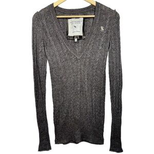 Abercrombie & Fitch Heathered Brown Cable Knit Long Sleeve V-Neck Sweater Size M